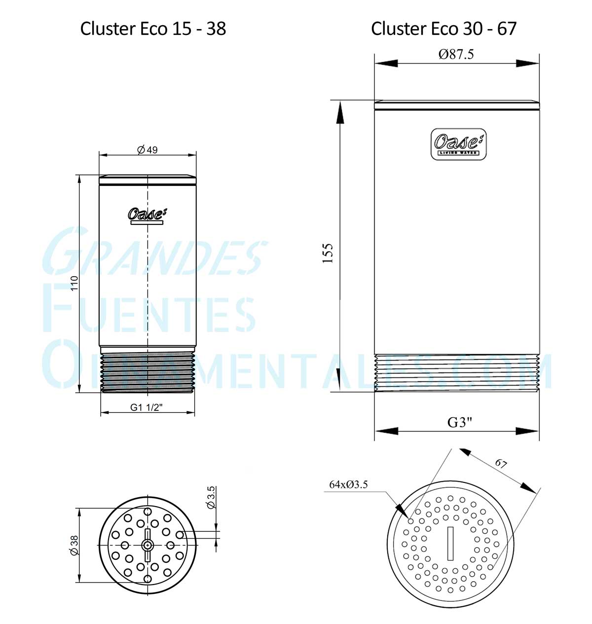 Dimensiones de Boquillas Oase Cluster