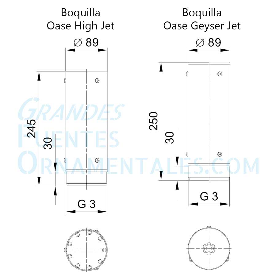 Dimensiones boquillas Oase High Jet / Geyser Jet