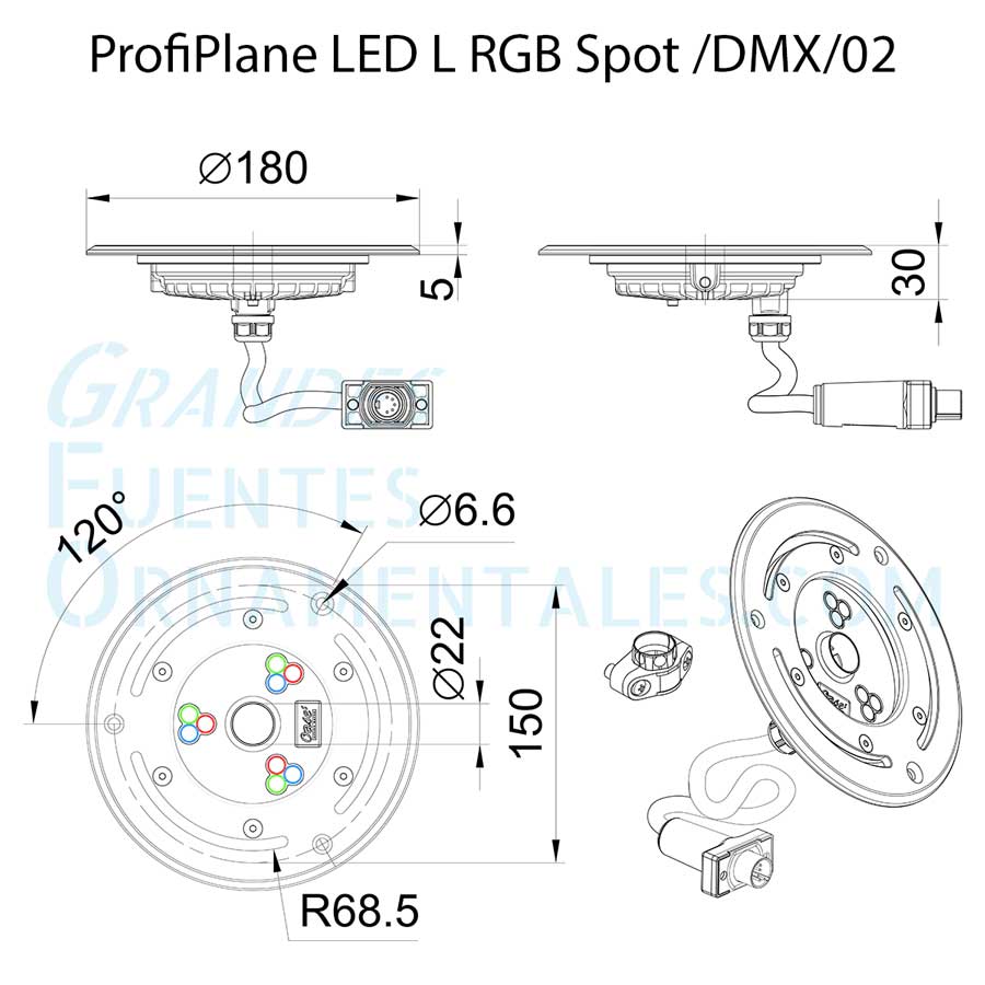 Dimensiones de foco Oase Profiplane LED L RGB Spot